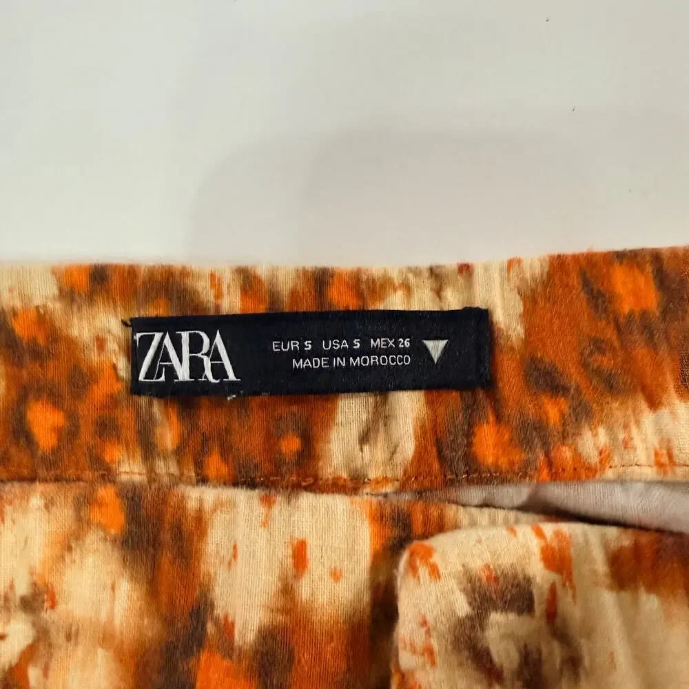 Zara Linen Wide Leg Floral Pants S Bohemian Burnt Orange Womens Trouser